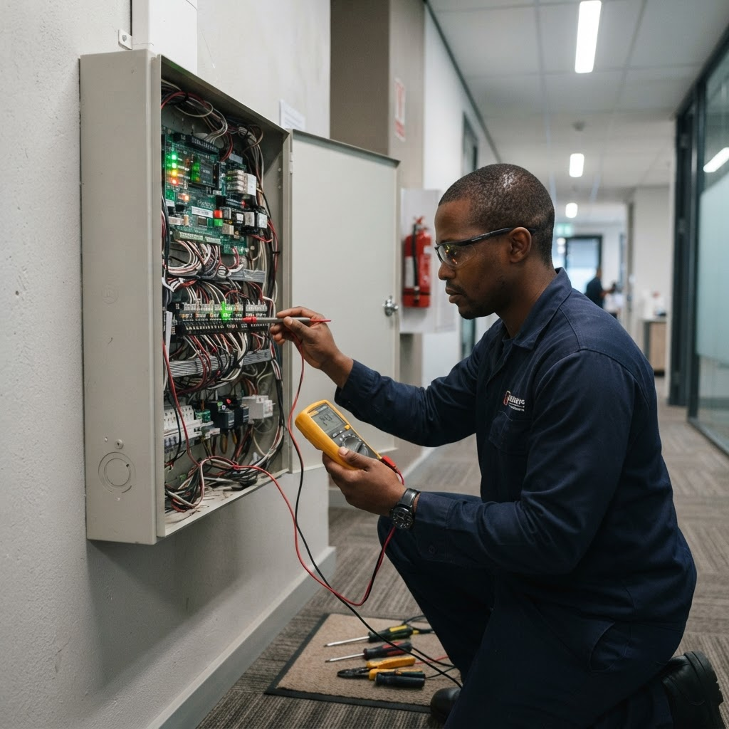 Jero Fire Solutions technician servicing a fire alarm panel in Gauteng